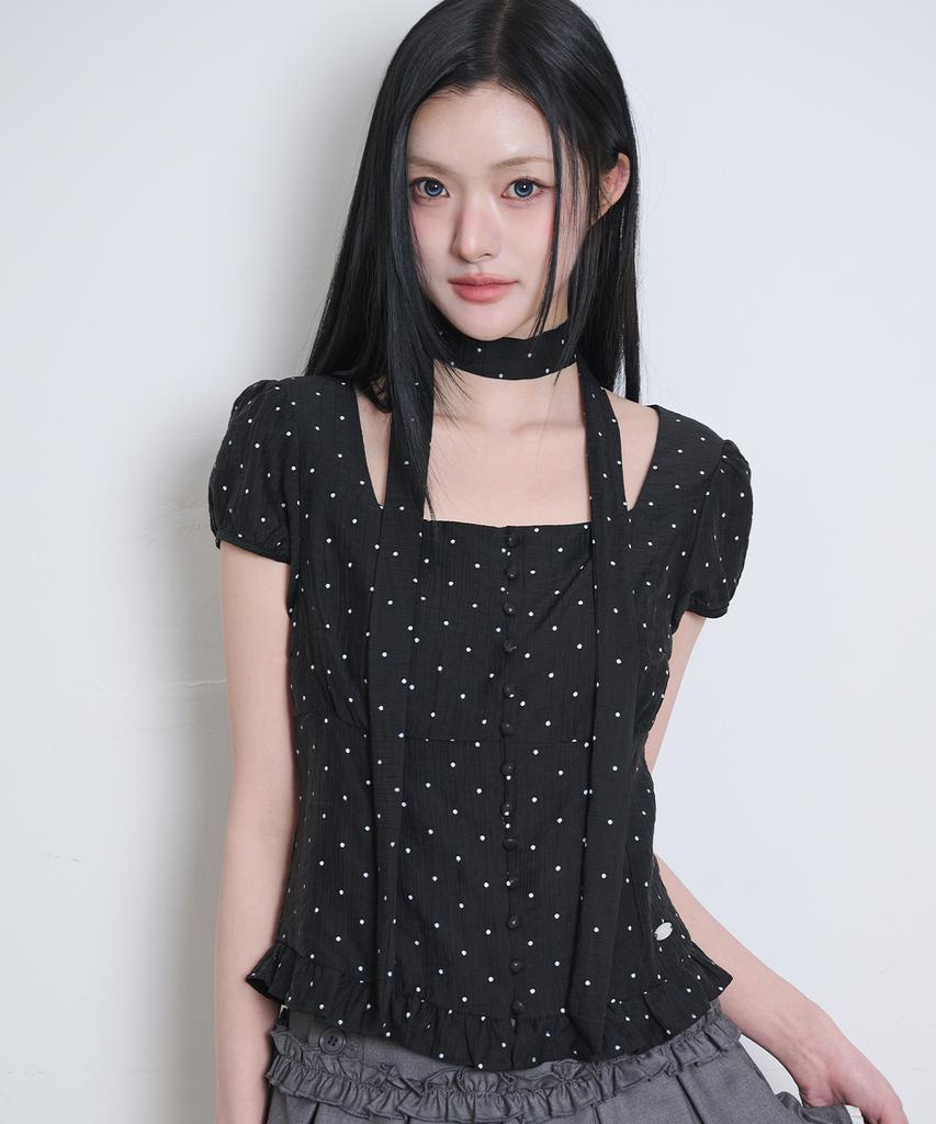 ILLIGO Ribbon Tie Square Neck Blouse Black Dot