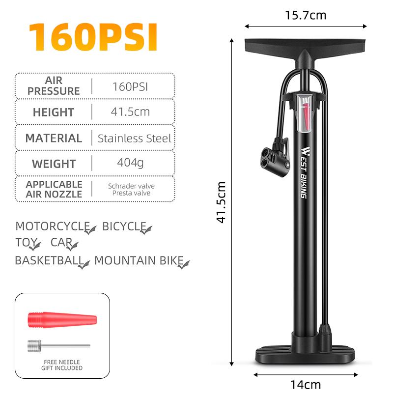 WEST BIKING Portable Bicycle Pump High Pressure Cycling Ball Inflator Standing Bike Hand Motorcycle Bike Tire Fill Pump Air Pump