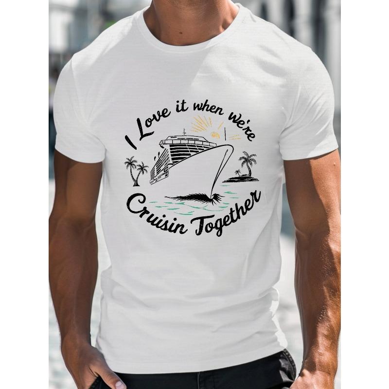 

Мужская летняя футболка большого размера, повседневный топ с круглым вырезом и принтом в виде круизного лайнера, слегка эластичная трикотажная ткань, футболка с коротким рукавом для повседневной носки S белый