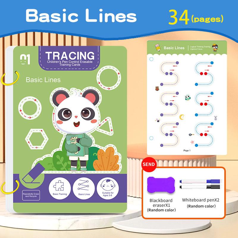 34-Page Children's Reusable Workbook Set with Erasable Pen - Early Learning of Writing and Drawing Skills Development, Educational Books
