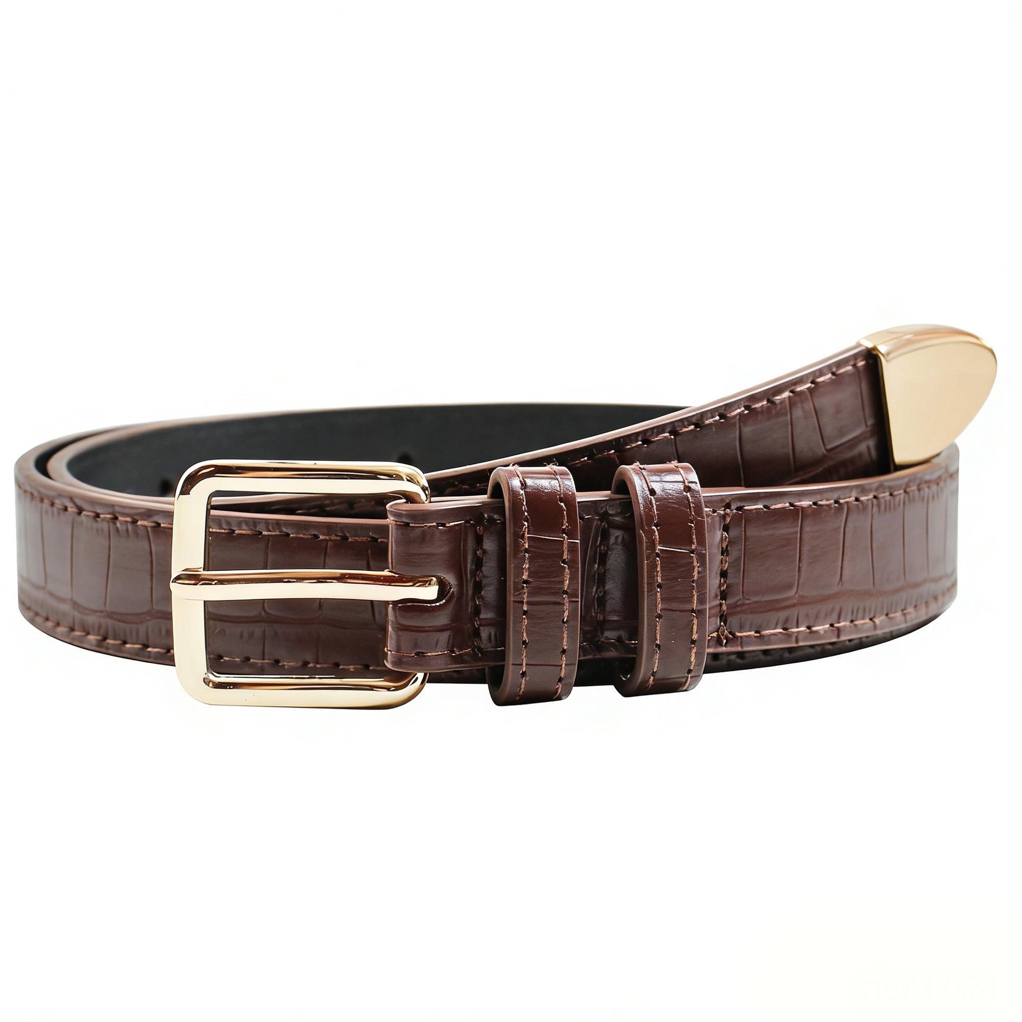 Women s Vintage Pin Buckle Double Ring Thin Belt Stylish Alloy Material PU Plastic 100cm for Jeans & Dresses коричневый
