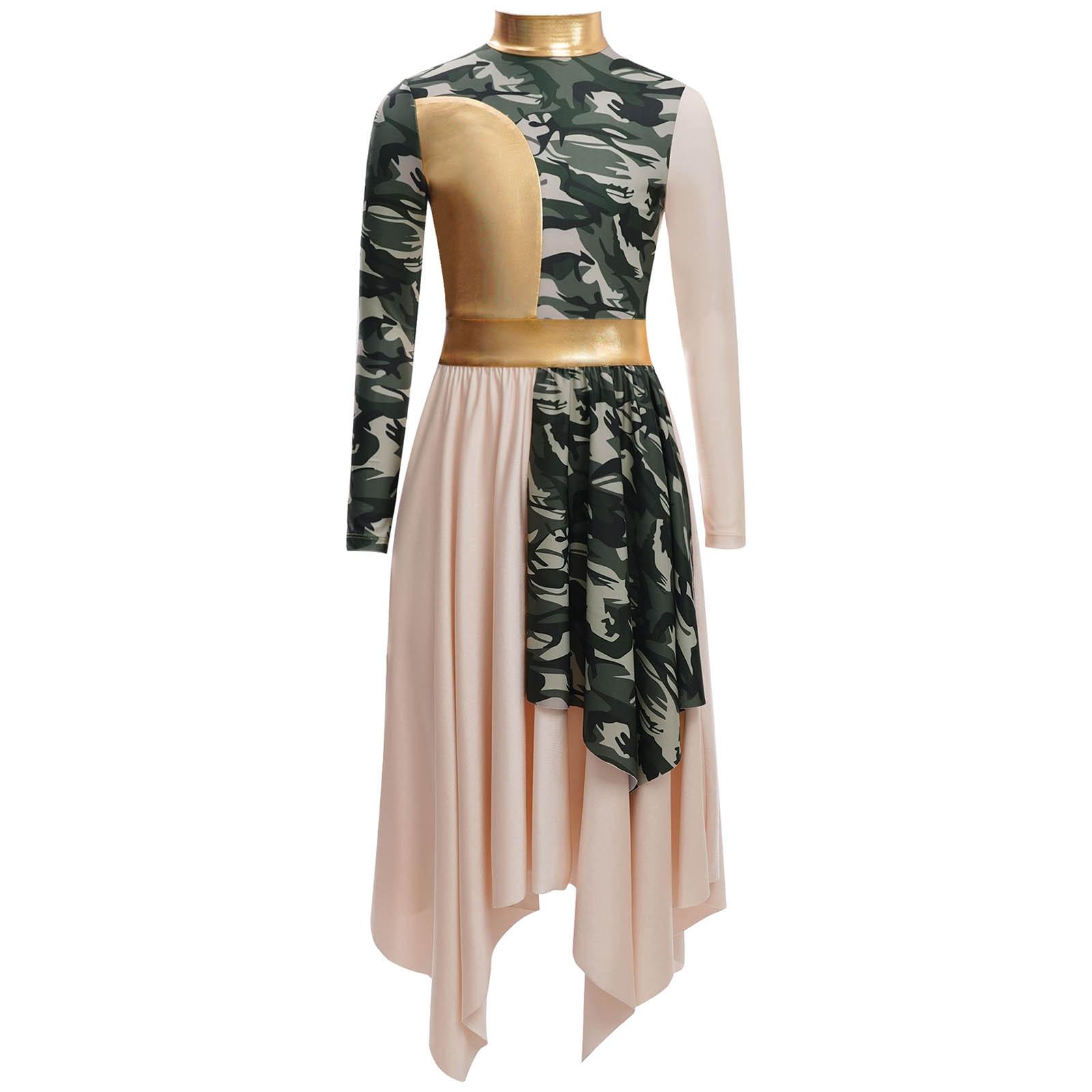 

Платье для девочек для литургических танцев с воротником-стойкой и длинными рукавами, цветные блоки, асимметричный подол, сценическое платье 5-6 Years бежевый