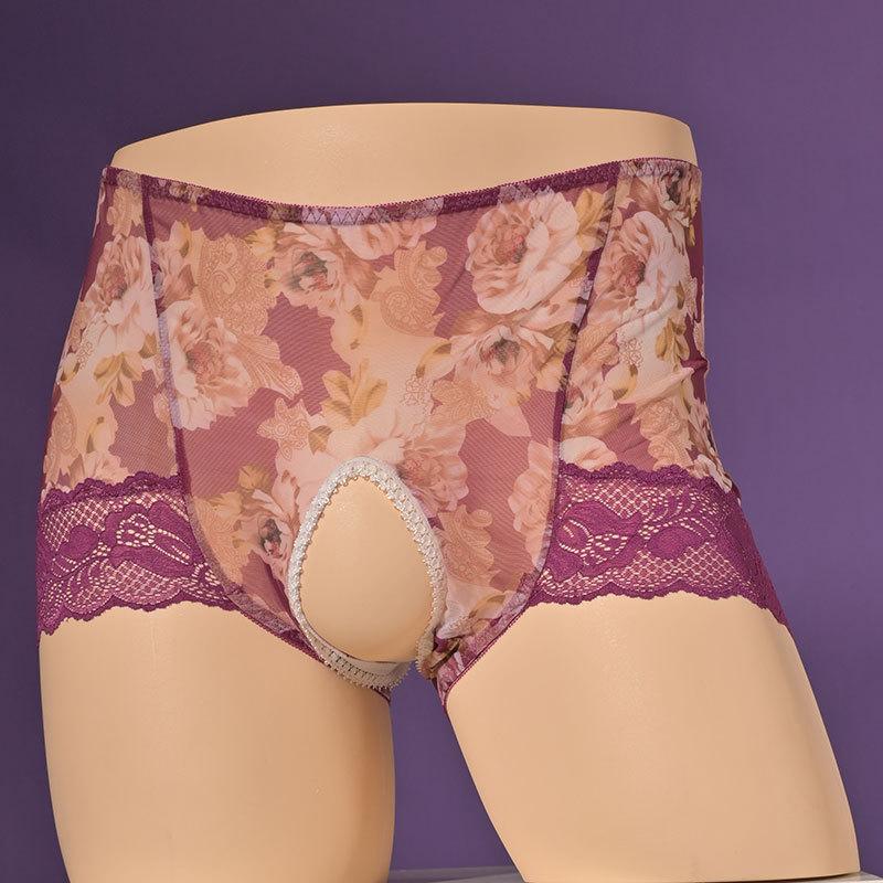 Women Men'S Sissy Hollow Out Crotch Briefs See Through Crossdress Lingerie Girlie Panties Floral Seamless High Waist Underwear