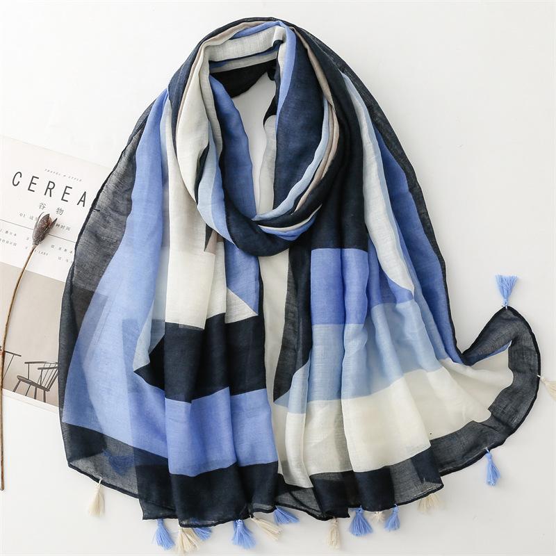 

Четырехсезонная хлопковая и льняная текстура балийской пряжи, тонкий дизайн, зеленая контрастная геометрическая модная свежая дорожная солнцезащитная шаль для женщин 180*90