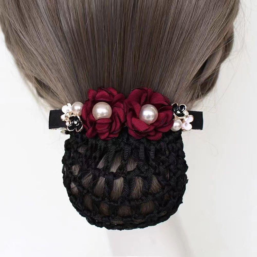 Pearl for Stewardess Nurse Flower Hairnet Women Spring Clip Mesh Snood Korean Style Headwear