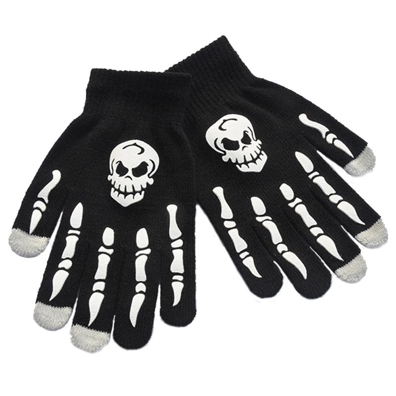 Unisex Half Finger Skull and Bones Halloween Gloves Glowing Fingerless Gloves for Winter Use