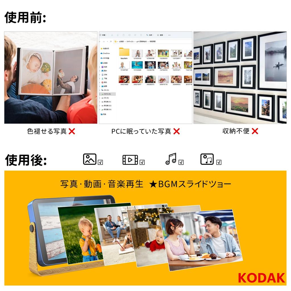 Kodak Wifi Digital Photo Frame 16GB Touch Panel Playback Remote Transfer Sharing Wood Grain Metal Stand Good Stability Compatible with SD Memory