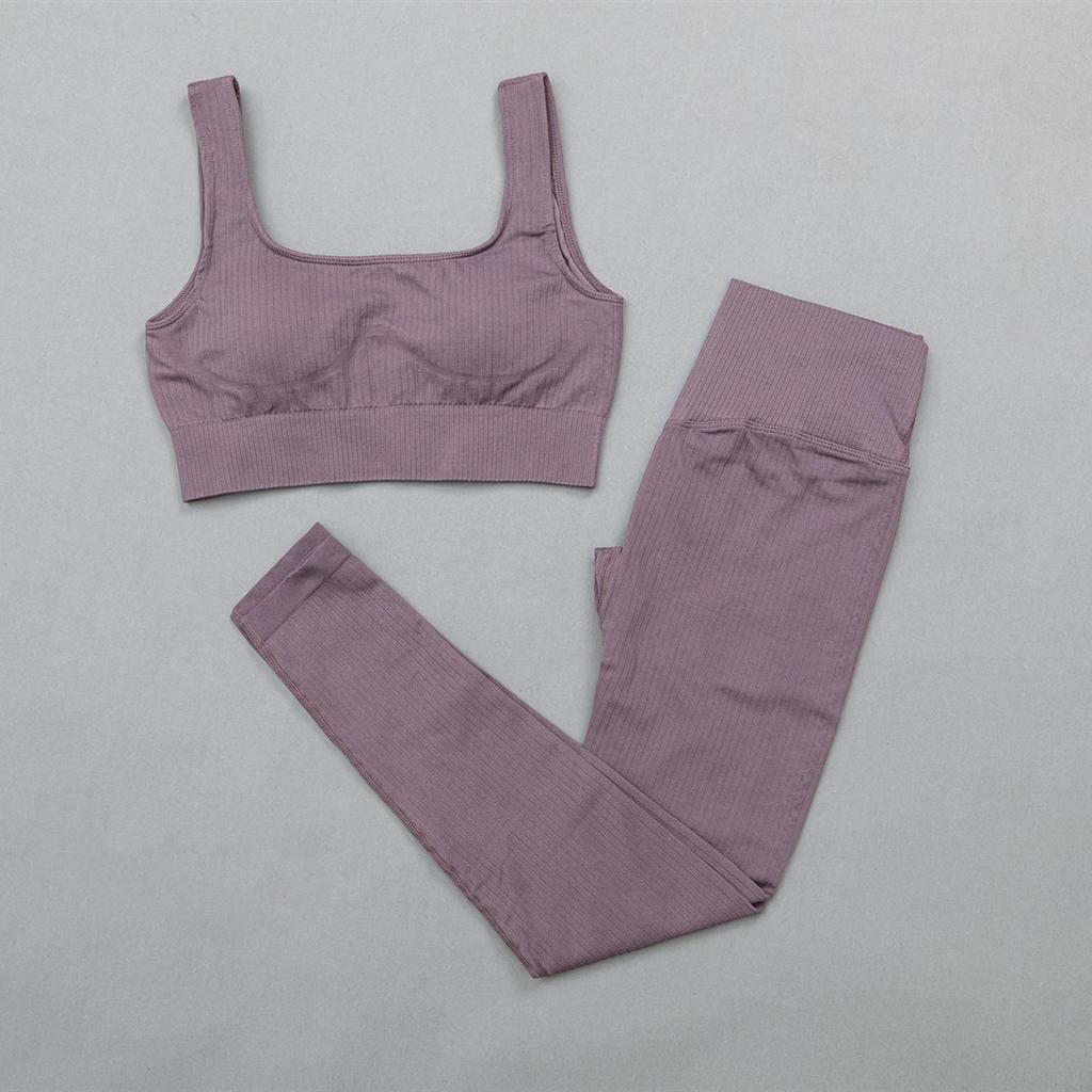 Women's Solid Color Seamless Ribbed Sports Bra and High Elastic Yoga Set