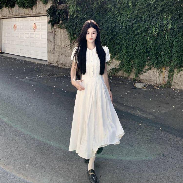 Women's White Puff Sleeve A-Line Dress - Slim Waist, Wide Hem, Chic First Love Style