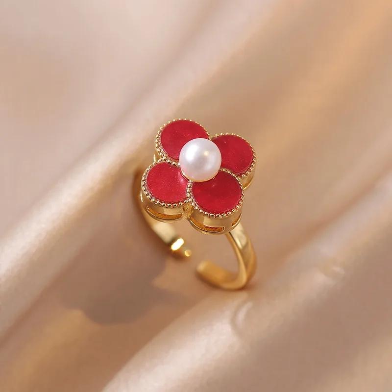 1 Stück neuer Mode drehbarer vierblättriger Zirkon offener verstellbarer Ring Luxus Nischendesign High-End Sinn für Schmuck