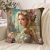 Fantasy Princess Pillowcase Blonde Girl with Flowers Cushion Cover Fairytale Castle Art Romantic Home Decor for Bedroom Sofa