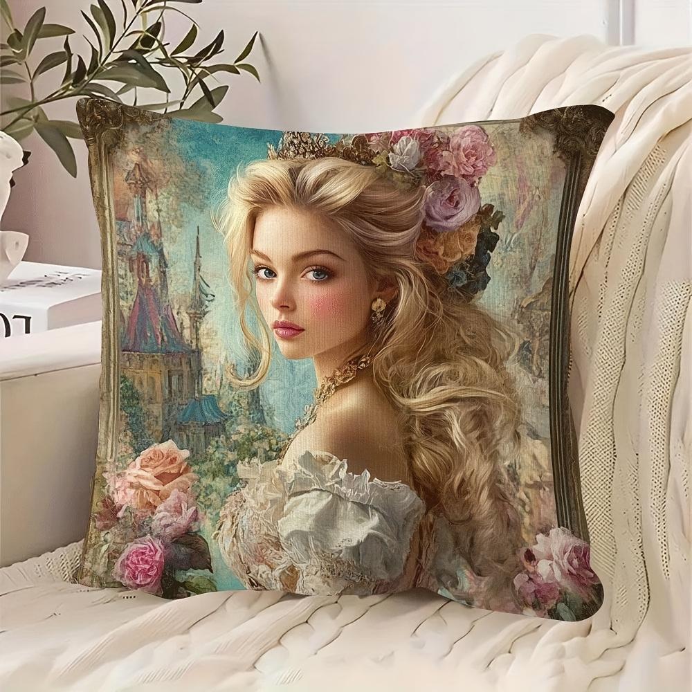 Fantasy Princess Pillowcase Blonde Girl with Flowers Cushion Cover Fairytale Castle Art Romantic Home Decor for Bedroom Sofa