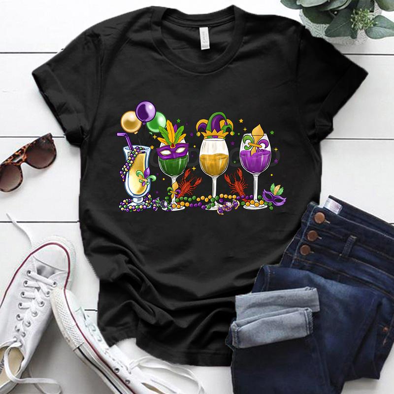 Mardi Gras Drink Shirt for Women Fat Tuesday Wine Graphic Tee Mardi Gras Drinking Party Classic Tops Carnival Vintage T Shirts