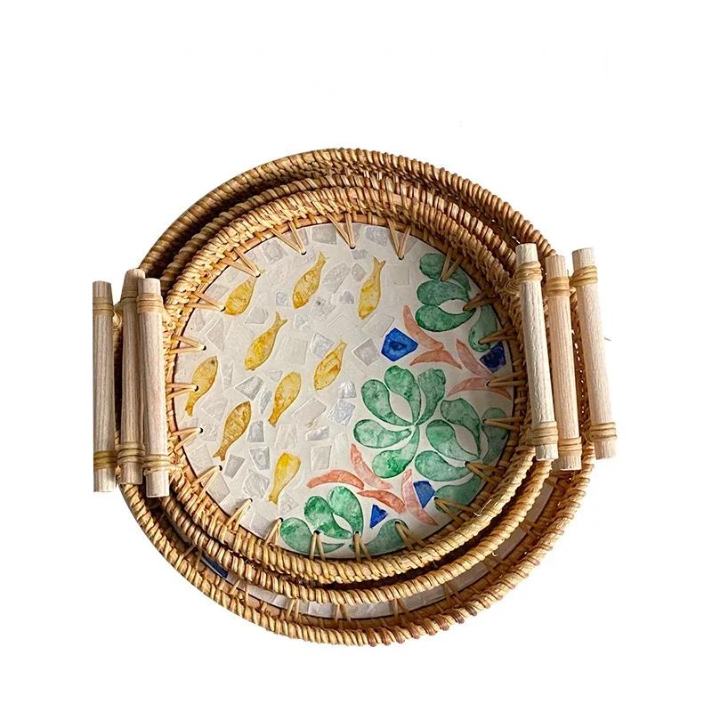 Tabletts zum Servieren von Speisen Serviertabletts Snacktablett Nachmittagstee-Tablett Teller Dessert Rattan Obst Trocken Gericht Süßigkeiten Teller Kuchen Zuhause