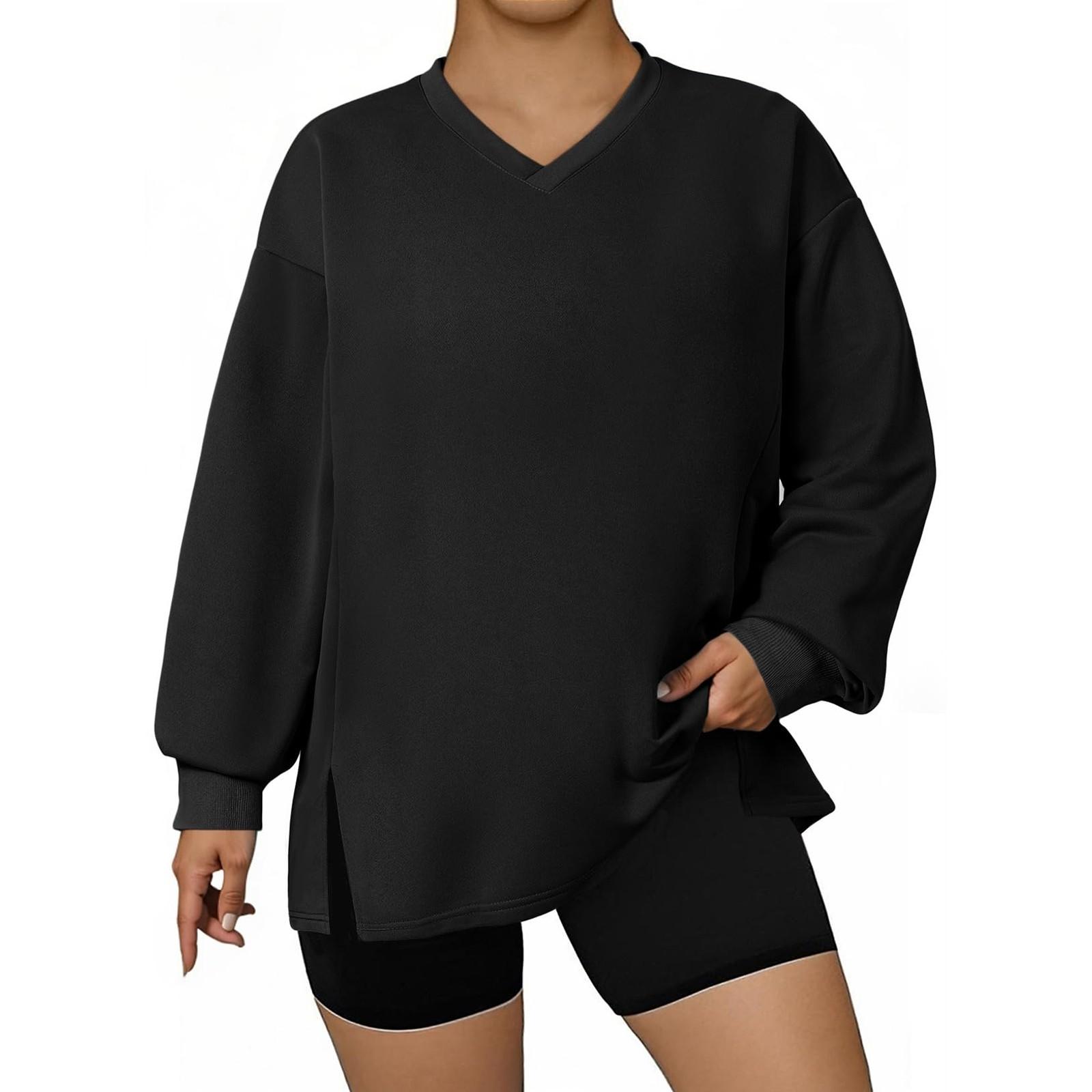 

Женский свободный спортивный топ с длинными рукавами, V-образным вырезом и разрезом, повседневный пуловер-худи XL чёрный