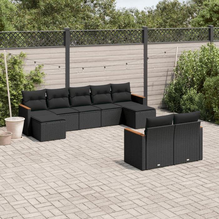 VidaXL Salon de Jardin avec Coussins 9 pcs, Canapés de Terrasse, Ensemble de Meubles de Patio, Mobilier d'Extérieur, Noir 3258800