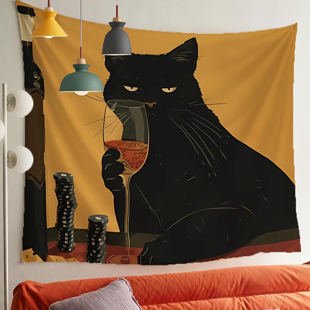 Retro Cool Black Cat Wine Tasting Tapestry Funny Illustration Style Cat Retro Style Vintage Decor Bohemian