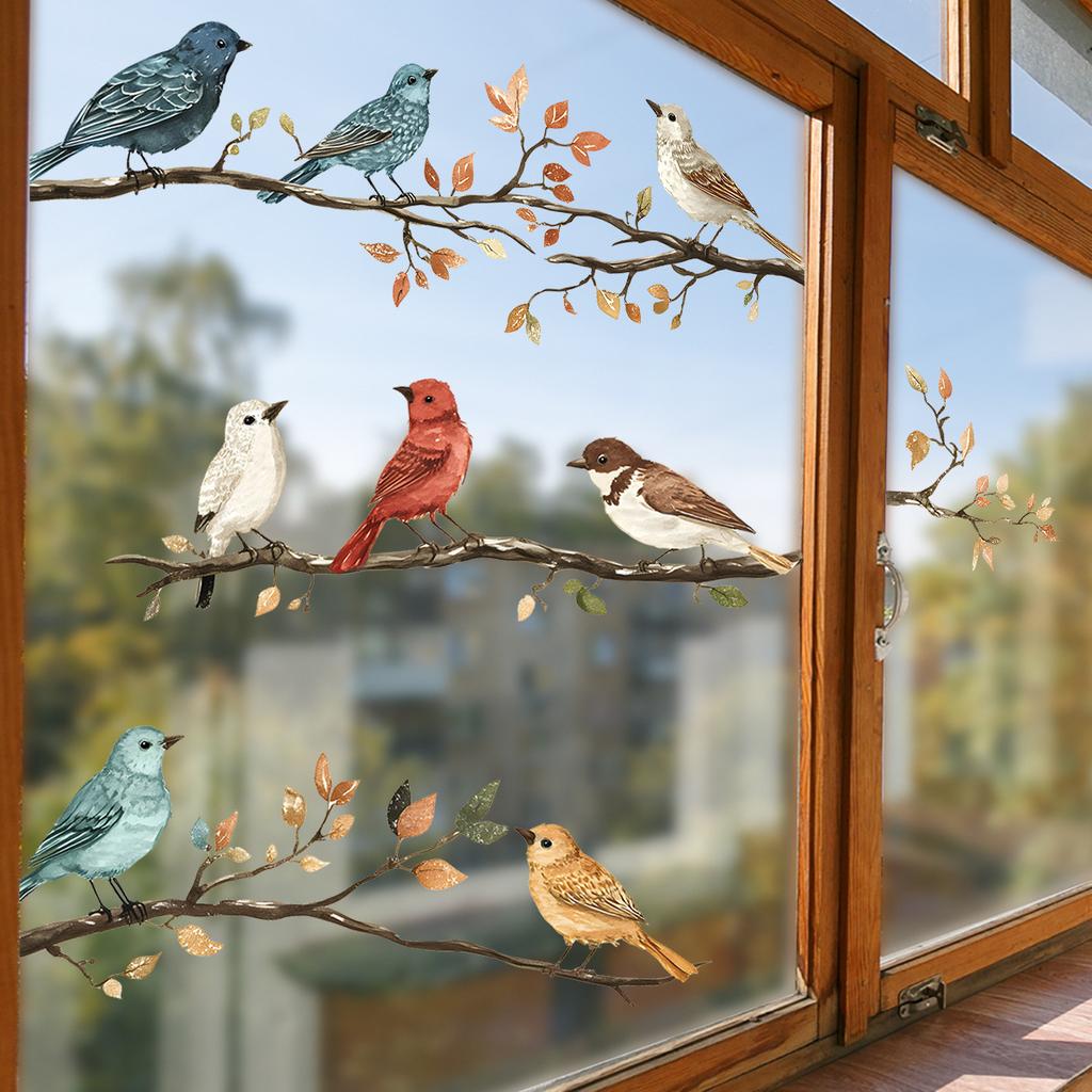 1Pc Watercolor Simulation Bird Branches Window Stickers Removable for Bedroom Living Room Decor Foyer Home Decoration Wall Decal