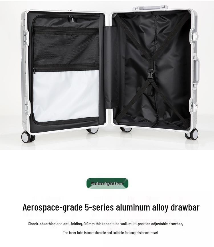 Universal Aluminum Frame Trolley Suitcase with Front Opening and Large Capacity for Women and Men