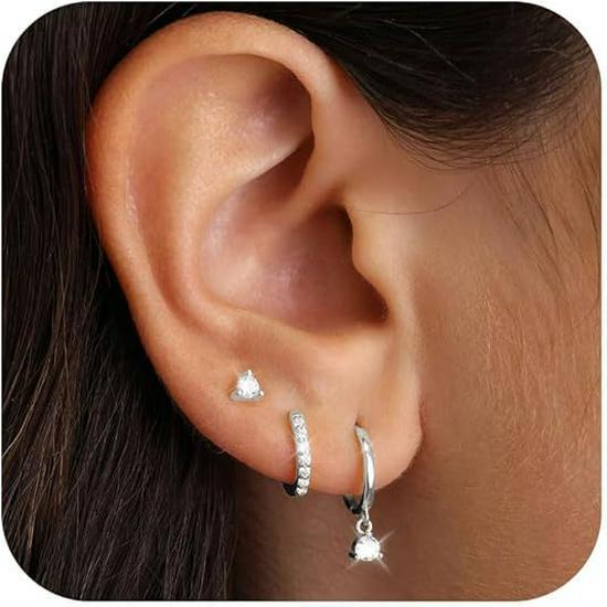 Elegant Zircon Silver Hoop Earrings with Double-Layer Ear Cuffs