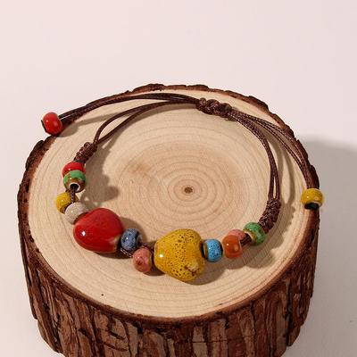 Ethnic Style Heart-shaped Ceramic Handmade Bracelet Rainbow Irregular Woven Bracelet Fashion Beaded Adjustable Bracelet