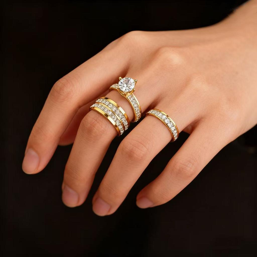 3-teiliges Set Vergoldet Zirkonia (CZ)  Hochzeit Verlobungsring Edelstahlring für Damen Klassischer Schmuck Zubehör Geschenk