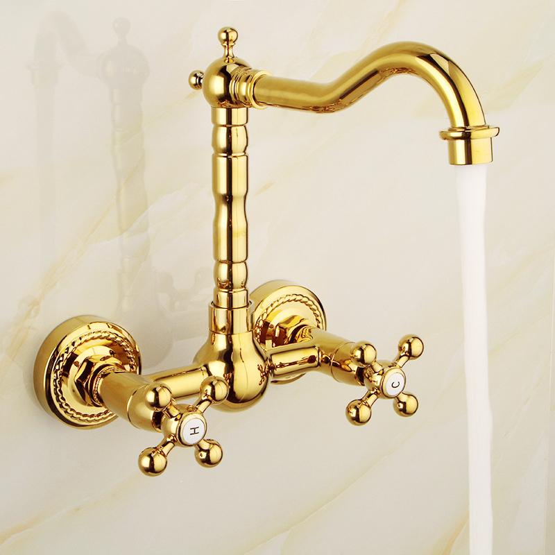 Antique Wall Mounted Basin Faucets Bathroom Black Dual Handles Bathtub Faucet Hot Cold Water Mixer Tap Torneira Do Banheiro Gold
