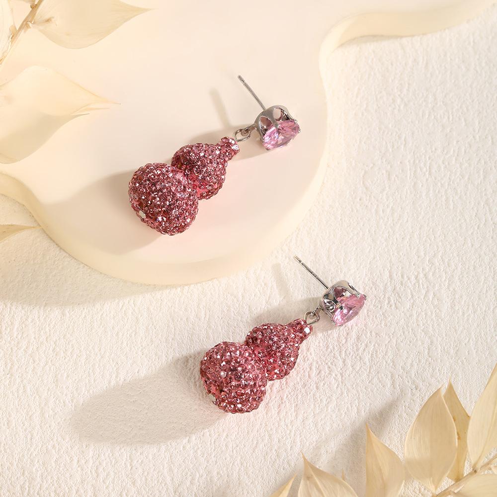 Silver Needle Light Luxury Delicate Premium Earrings Cute Pink Diamond Gourd Stud Earrings Personality Sweet Creative Fashion Earrings