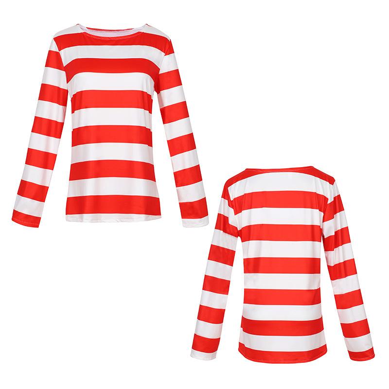 Kde je Wally Waldo Kostým Rodič-dítě Kreslený Waldo Týden knihy Cosplay Oblečení Pruhované Tričko s dlouhým rukávem Halloweenský Klobouk Sklo