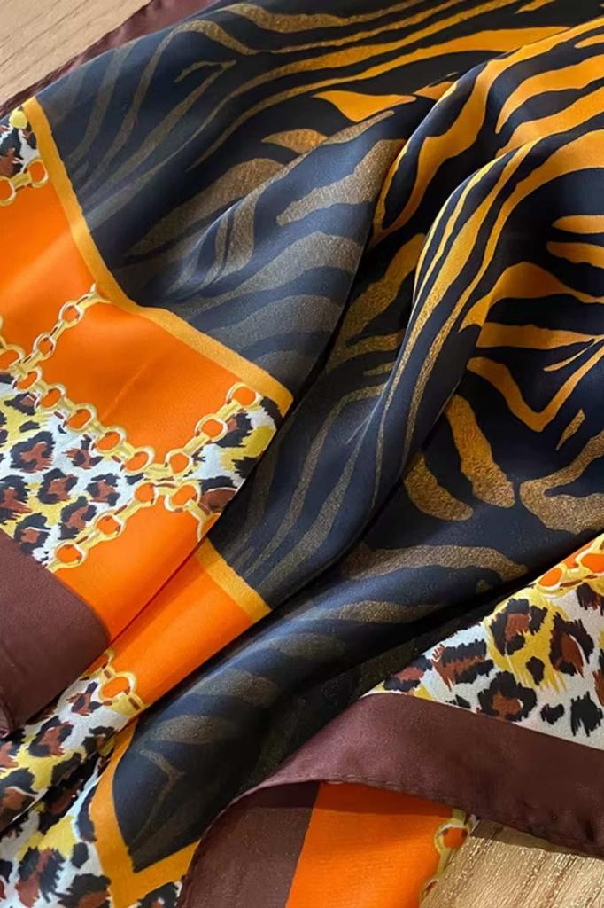 Women' Satin Scarf 70x70 - Tiger Pattern, Leopard Trim, Animal Style