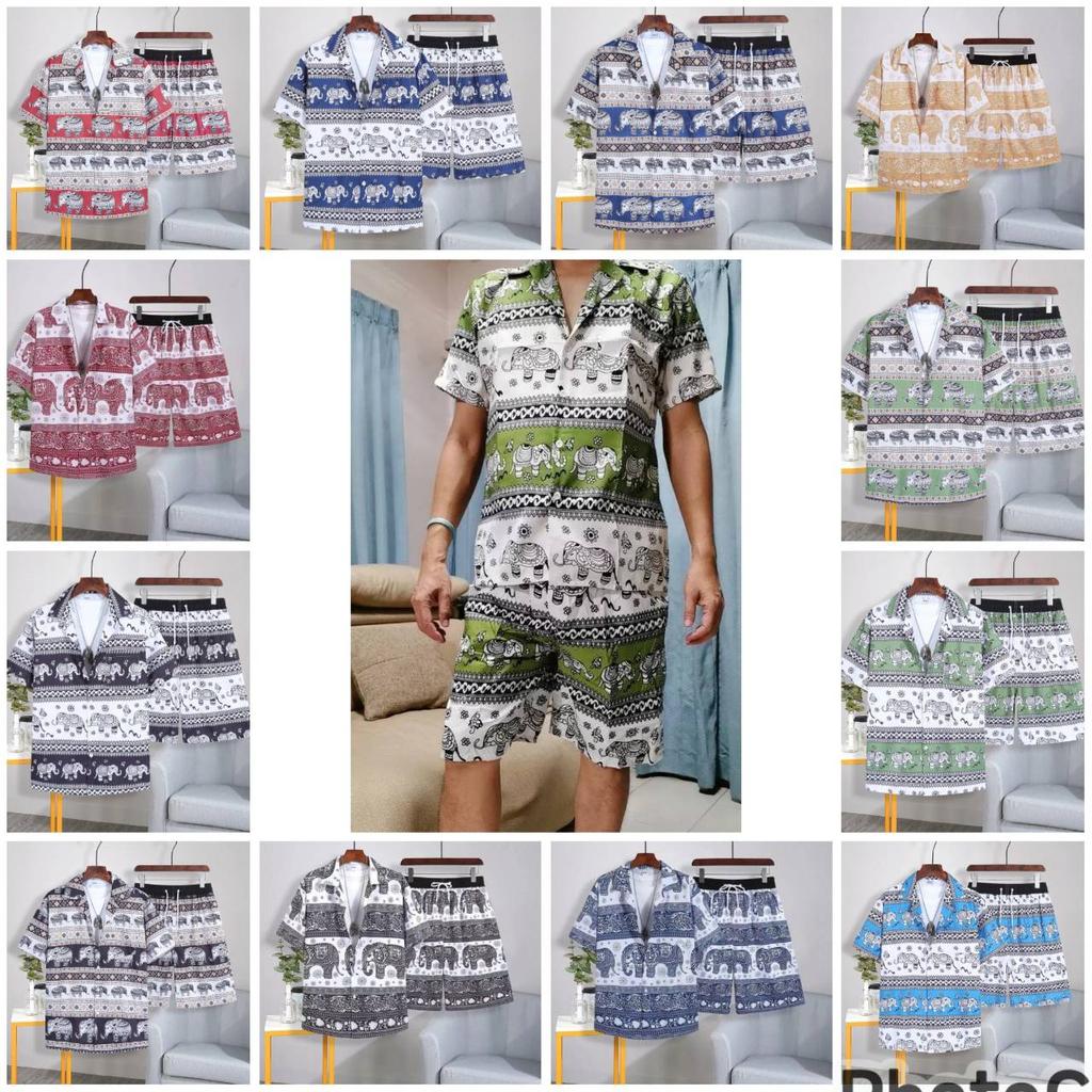 Elephant Pants Shorts Shirt Set V-neck Adjustable Elastic Waist Strap Women Men Unisex Print Thailand Casual Beach Summer Bohemian Retro Vintage
