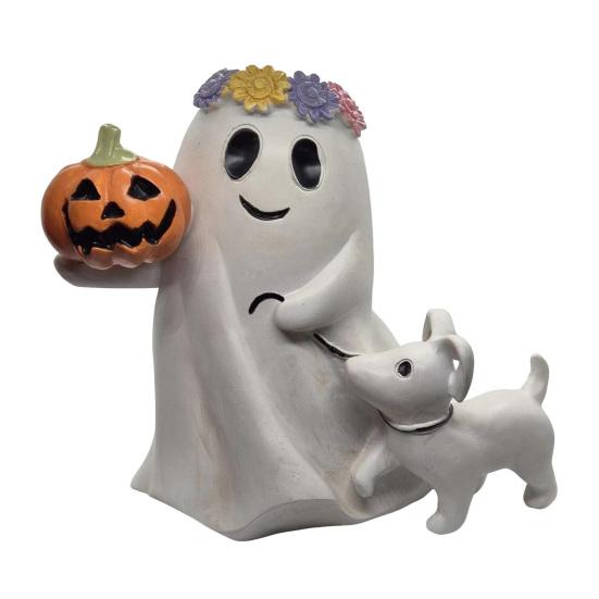 Ghost Walking Dog Halloween Decor Spooky Ghost Dog Figurine Resin Cute Ghost Statue with Pumpkin for Halloween Home Bookshelf Tabletop Decor