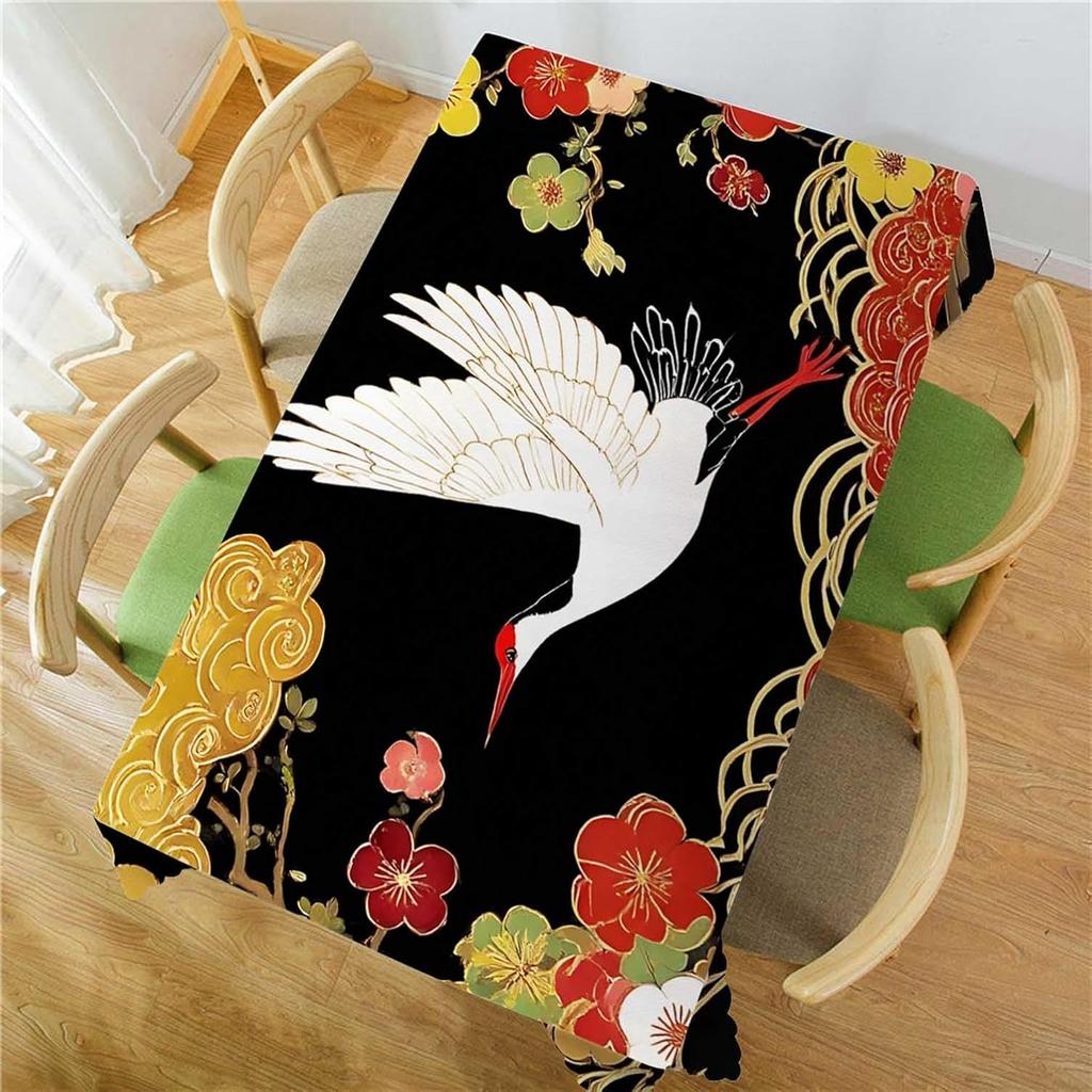 Asian Oriental Heron Bird Floral Rectangle Tablecloth for Table Decor Reusable Kitchen Dining Tablecloth Holiday Party Decor