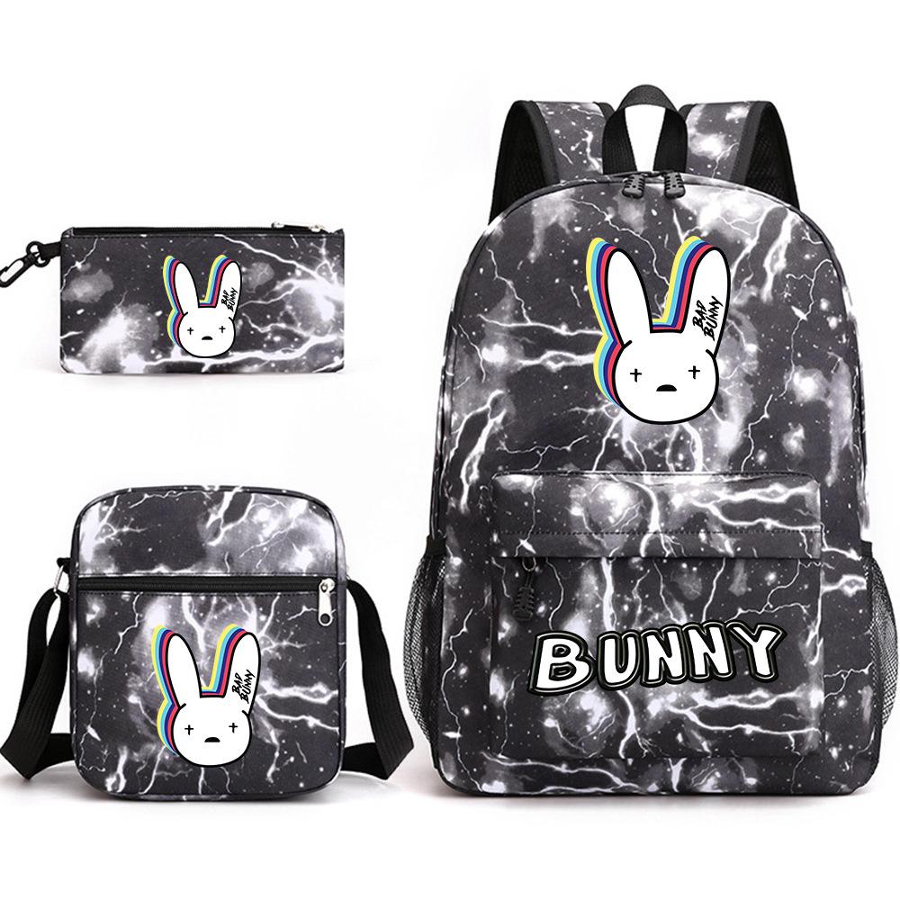 Popular Novelty Cool Bad Bunny Print 3pcs/Set Pupil School Bags Laptop Daypack Backpack Inclined Shoulder Bag Pencil Case