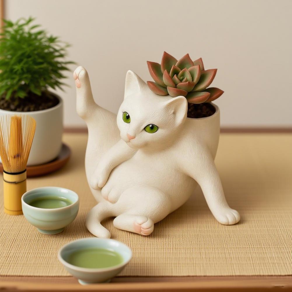 Grooming Cat Flowerpot Small Plant Pot Adorable Cat Planter Pot for Succulents Herbs Mini Flower Pot for Home Garden Decoration