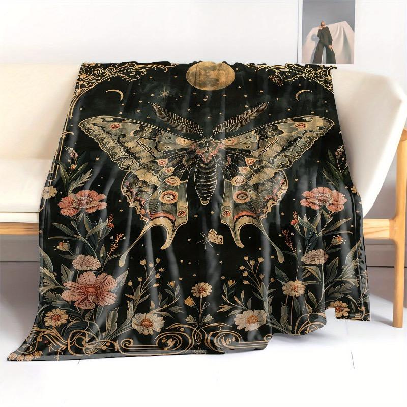 Coperta in Flanella con Stampa di Falena Lunare Celeste e Motivi Floreali - Plaid Morbido e Confortevole per Letto, Divano, Ufficio o Campeggio