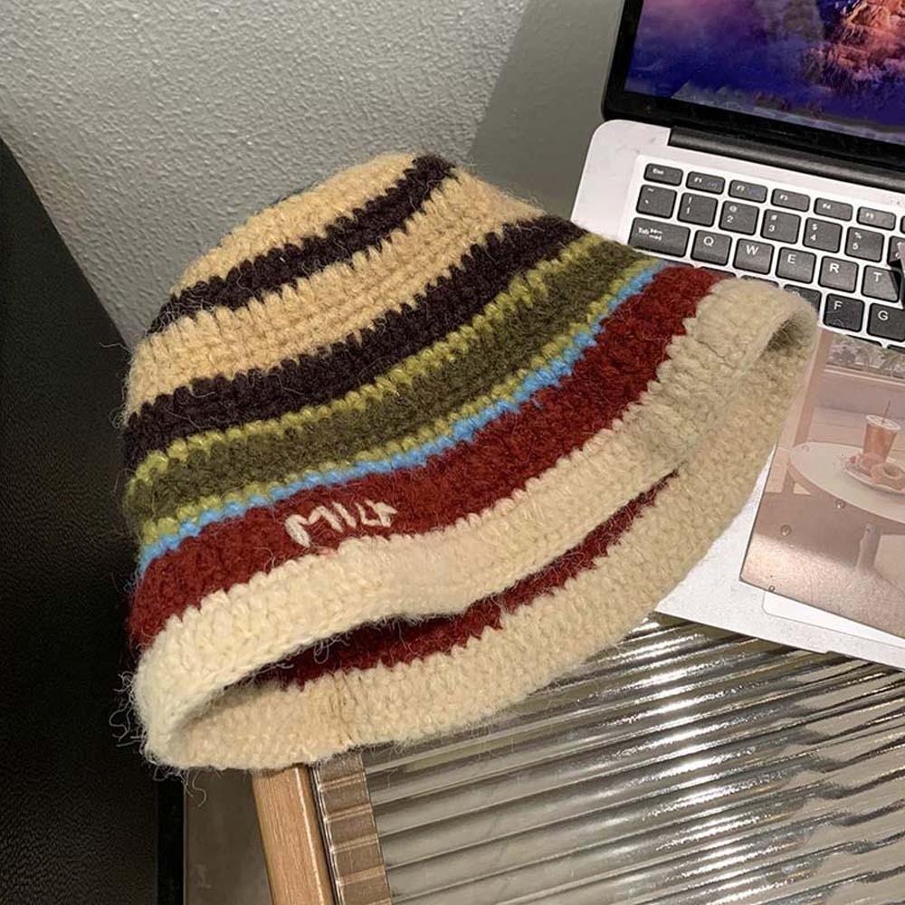 Warm Knitted Bucket Hat Anti-cold Woven Basin Cap Elegant Striped Fisherman Hat  Travel