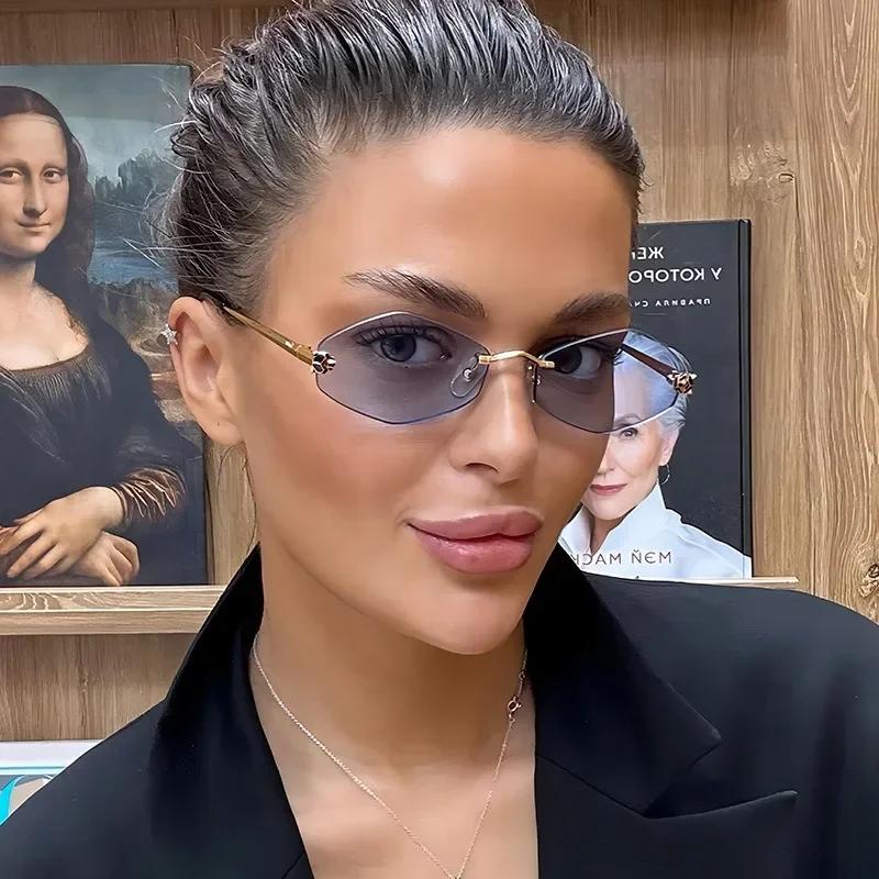 Ashion Small Polygonal Sunglasses For Women Luxury Brand Rmless Brown Rhombus Sun Glasses Woman Vintage Metal Shades Eyewear