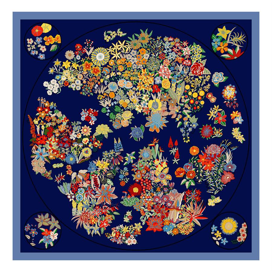 130Cm Silk Scarf Women Large Shawls Spain Flowers Print Stoles Square Bandana Luxury Kerchief Hijab Female Foulards