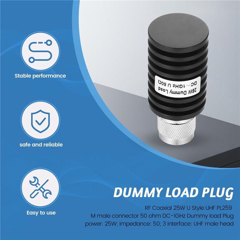 

AEE4-1 Pcs RF Coaxial 25W U Style UHF PL259 M Male Connector 50 Ohm DC-1Ghz Dummy Load Plug чорний