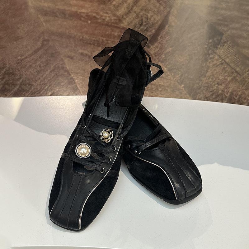 Sheepskin version~ 2025 new French retro style square head flat ballet shoes women's versatile casual shoes