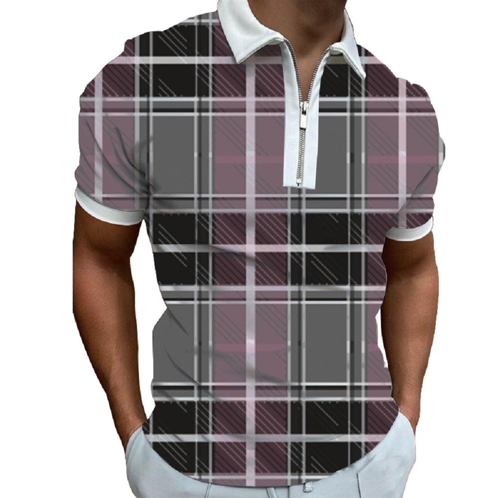 Men's summer fashion striped printed short sleeved zipper polo shirt