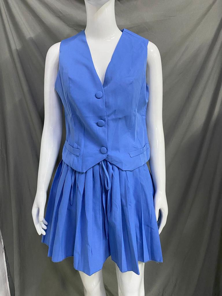 New Summer European and American Temperament Deep V-neck Single-breasted Vest Pleated Mini Skirt Set INS