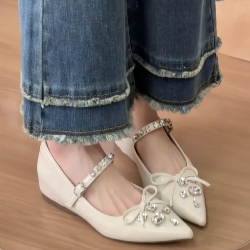 

Small Inside Heightened Pointed Toe Shallow Slip Rhinestone Bow Single Shoes for Women One Strap Mary Jane Shoes for Women 40 бежевий