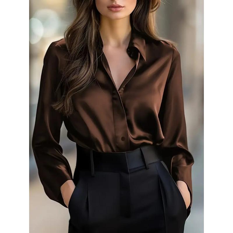 HNXC Women's Fashion Casual Solid Color Print Long Sleeve POLO Neck Blouses & Shirts