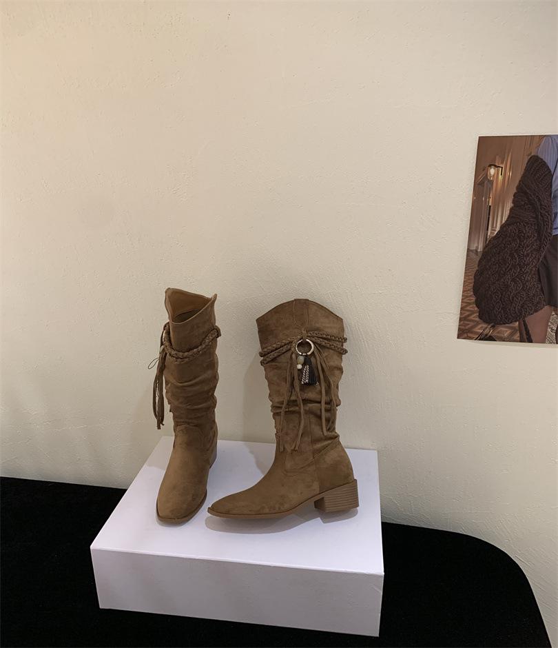 Vintage woven fringed thick heel tall boots 2025 autumn and winter thin pointed western cowboy boots stacking boots