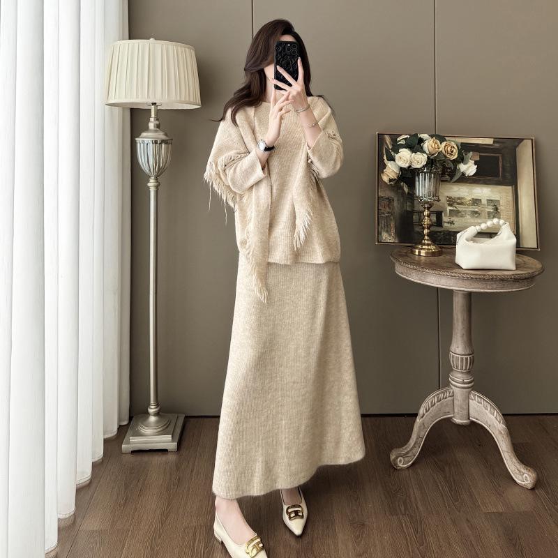 Women's Autumn/Winter High-End Knit Set: Tassel Shawl, Sweater & Skirt.