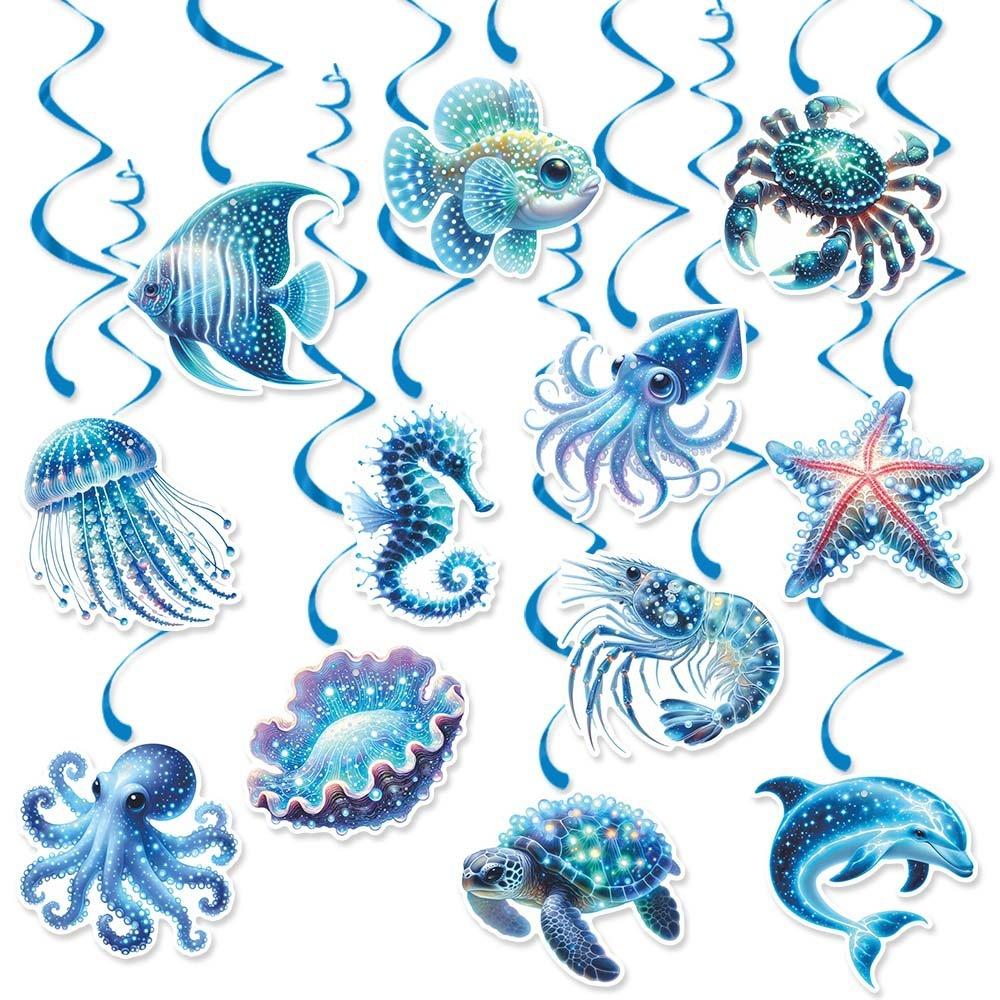 12pcs Paper Hawaiian Spiral Hanging Tag Waterproof Ocean Theme Pendant  Party Favors