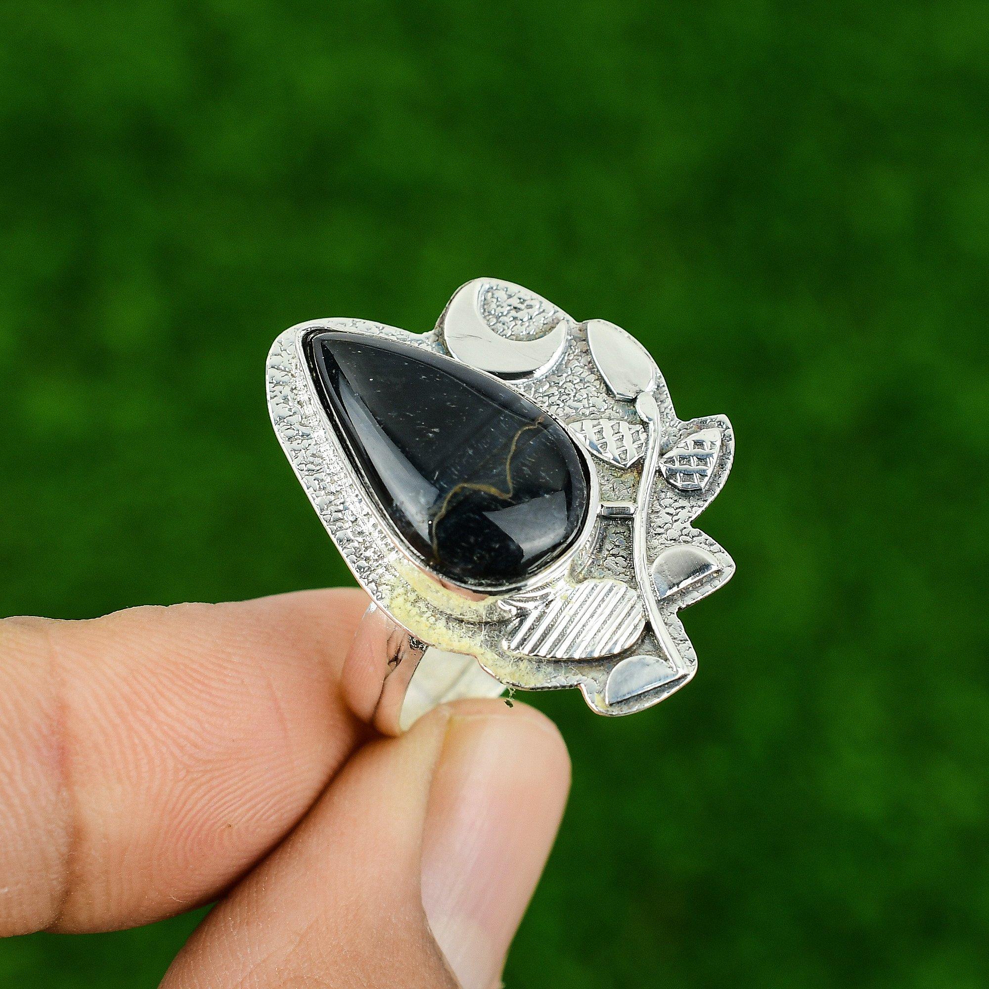 

925 Silver Natural Pietersite Mother Statement Birthday Cescent Moon Ethnic Ring Adjustable