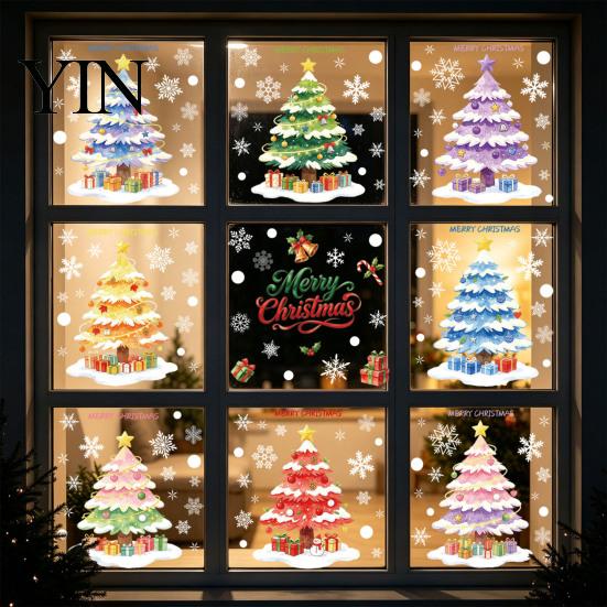Glue-free Window Film 9Pcs Macaron Christmas Tree Static Clings, Snowflake Gift Clings Glass Stickers, Reusable Decals for Shop Home Holiday